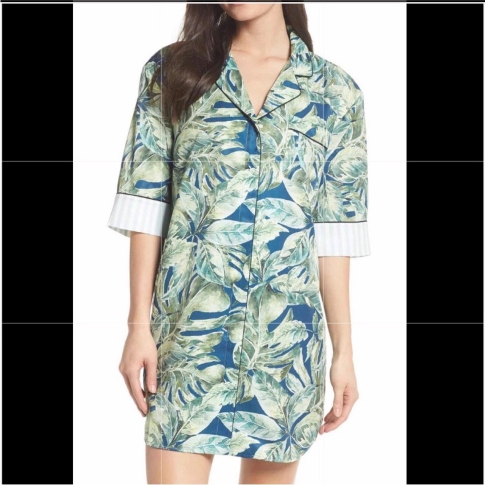 Bed to Brunch Tropical Palm Print Sleepwear Boyfriend Shirt Medium